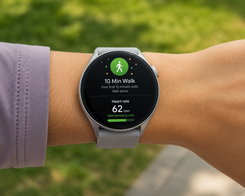 Pelacak aktivitas smartwatch menunjukkan pencapaian target jalan kaki 10 menit harian.