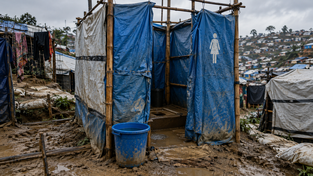 Siswi Penyintas Gempa NTT Dapat Edukasi Menstruasi, Cegah Perundungan 10 Fasilitas bilik toilet dan mandi darurat dari terpal di kamp pengungsian yang menyoroti kurangnya privasi dan minimnya akses air bersih untuk sanitasi.