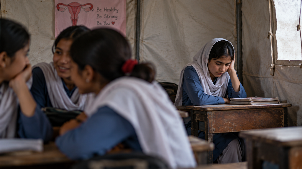 Siswi Penyintas Gempa NTT Dapat Edukasi Menstruasi, Cegah Perundungan 11 Seorang siswi duduk murung dan mengisolasi diri di pojok kelas darurat, merepresentasikan tekanan psikologis akibat stigma dan ketidaktahuan teman sebayanya.