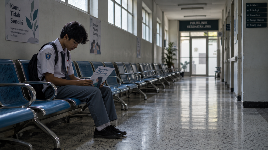 Deretan kursi ruang tunggu konseling kesehatan mental remaja di puskesmas yang menggambarkan celah akses layanan 2,6 persen.