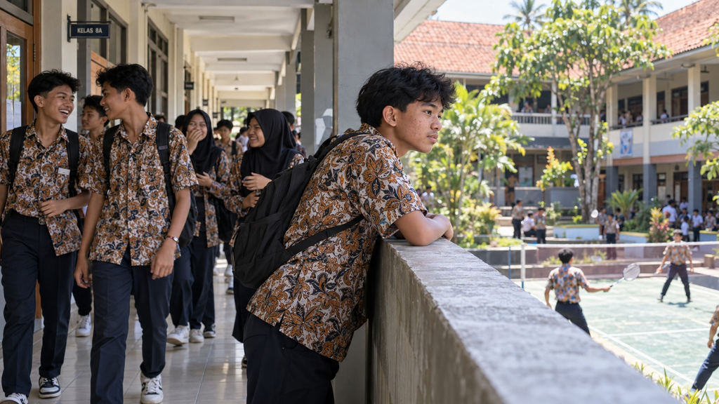 Kelompok siswa sekolah menengah atas mengobrol di lorong kelas saat jam istirahat, mencerminkan fase rentan usia remaja.