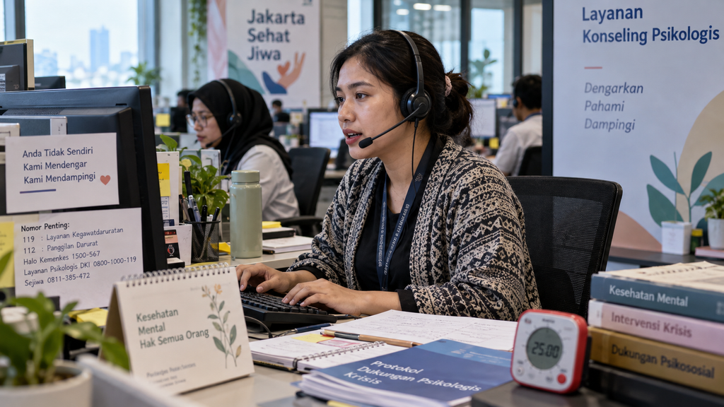 Petugas konselor memakai headset melayani panggilan bantuan konseling psikologis pada layanan hotline kesehatan jiwa 119.